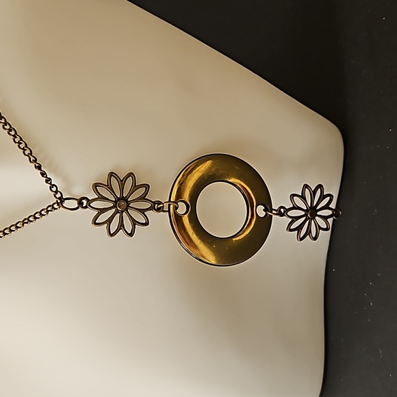 Gold Tone Circles and Brass Flowers Chain Necklace - Picture 2 of 2